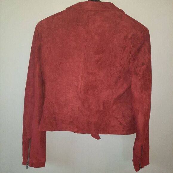 Buckle Veveret Faux Suede Red Moto Jacket - Picture 3 of 6